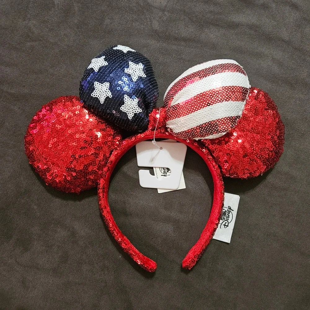 Disney Parks Minnie Mouse Americana Sequin Ears Headband Red White Blue USA Bow